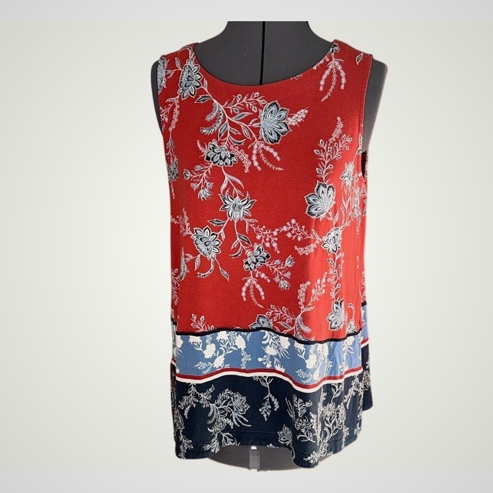 J. Jill Red Floral Sleeveless Tunic with Blue & Navy Trim